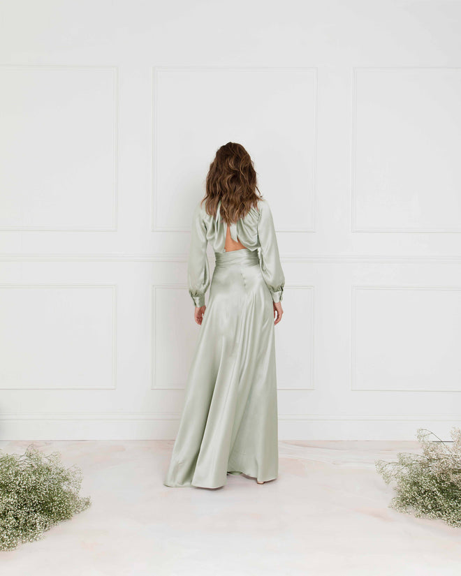 Long Sleeve Drape Back Dress Sage